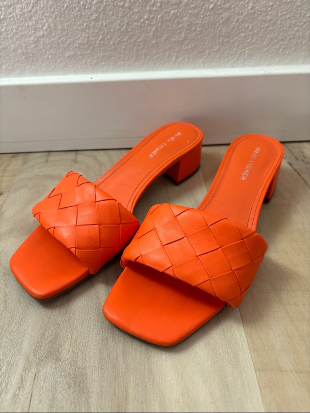 Marc Fisher Bright Orange Woven Block Heel Mules